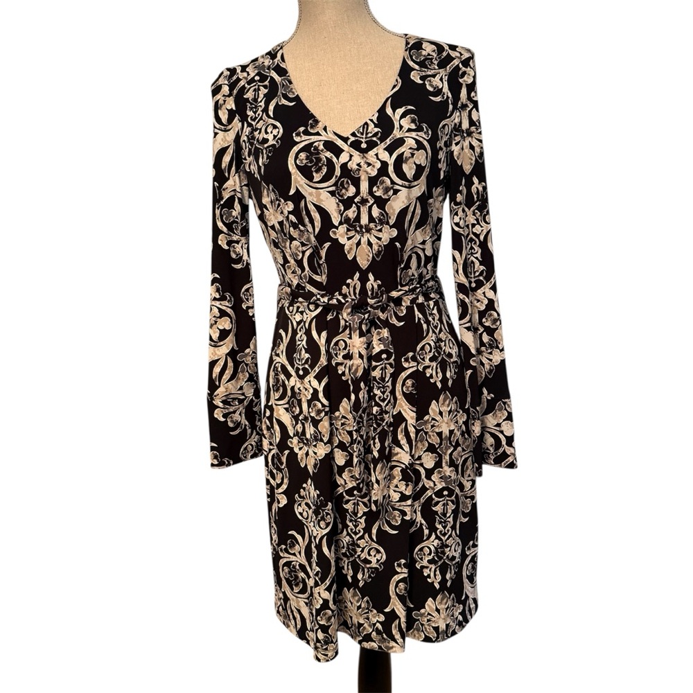 JOSEPH RIBKOFF DRESS SHEATH BELT BLACK CREAM FLORAL V-NECK LONG SLEEVE SIZE 10